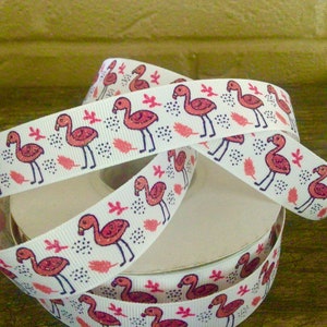 7/8” Flamingos on White Grosgrain Ribbon