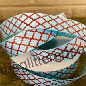 7/8” Red Quatrefoil on Light Blue Grosgrain Ribbon