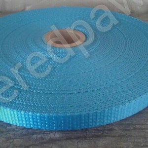 May include: A roll of bright blue webbing, a type of strong, woven fabric often used for straps, belts, and other applications.