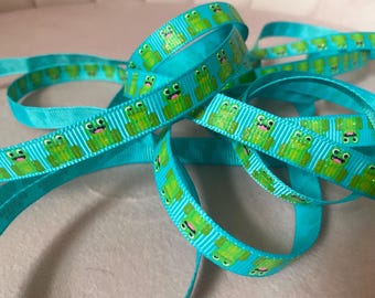 3/8” Frogs on Aqua Grosgrain Ribbon By The Yard
