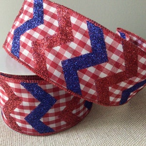2 1/2” Patriotic Glitter Chevron on Gingham  Wired Ribbon Roll 10 yards
