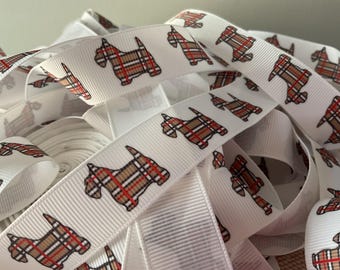 7/8" Plaid Scottie Dog Grosgrain Ribbon By The Yard