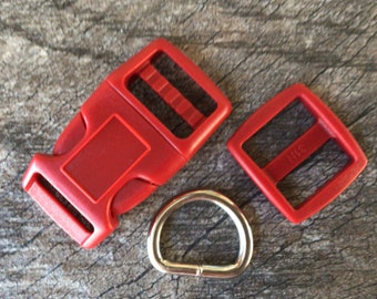 3/4” Red Dog Collar Hardware- 3/4” Buckle, Tri Glide Slide and Welded Metal D Ring