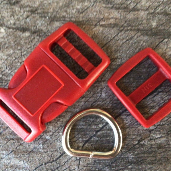 3/4” Red Dog Collar Hardware- 3/4” Buckle, Tri Glide Slide and Welded Metal D Ring