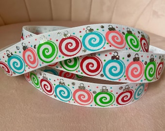 7/8” Christmas Swirl Ornaments Grosgrain Ribbon By The Yard