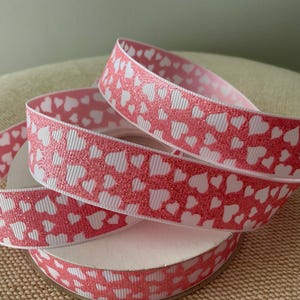 7/8&quot; Valentine&#39;s Pink and White Glitter Hearts Grosgrain Ribbon By The Yard