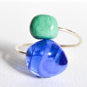 Murano glass lampwork ring adjustable MiniDu Caribbean Sea colors sterling silver