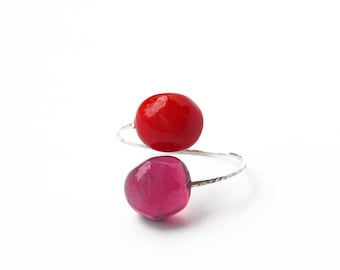 Anillo de vidrio Murano y plata 925. Colección Minidu cristal rojo y rosa