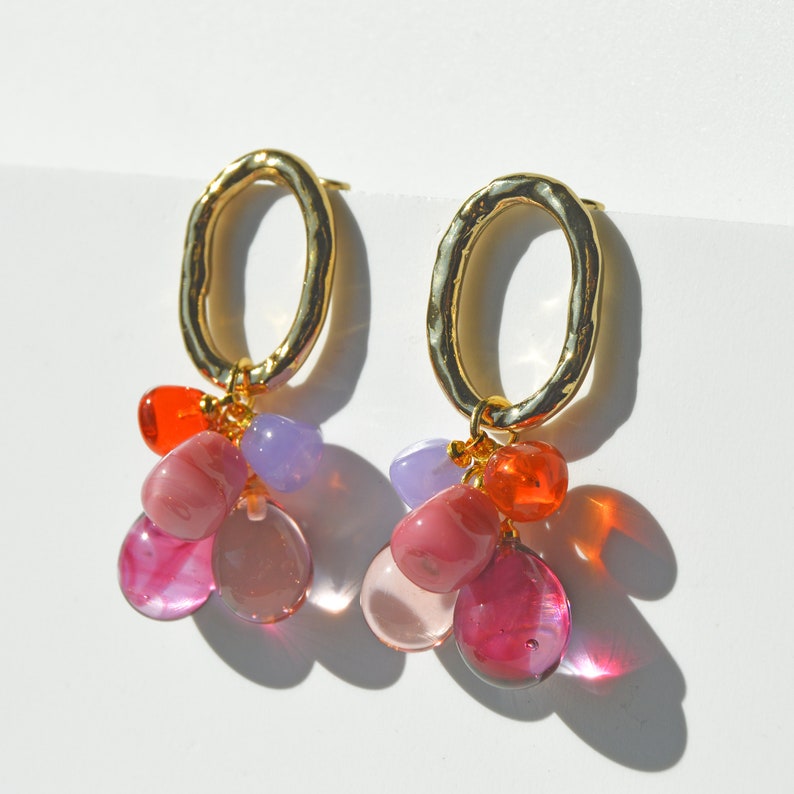 Pendientes LALETI cristal de Murano aro oval grande baño oro 22 quilates rosa image 1