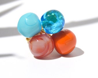 Murano glass ring adjustable Chania Collection turquoise orange