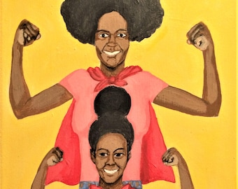 Super Mom and Daughter, Black Girl Magic, Black Folk Art, Art Print, Black Woman Wall Art, African American ArtChristmas