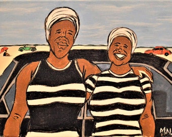 Girlfriends at the Beach, Beach Decor, Women Wall Art, Home Decor, Black Art,  Mothers Day Gift, Folk Art, Beach Art, Black History Month