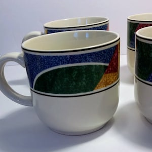 90's Coffee Cup Set, Sango Flair Coffee Tea Cups, Geometric Pattern, 90s Kitchenware, 90s glassware, Set of 4 mugs, Ugly Mugs
