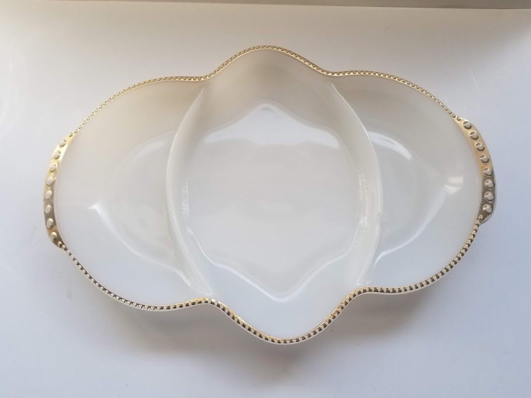 Vintage Milk Glass Fire King 3part Serving Dish With Gold Trim, Milk