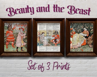 Beauty and the Beast Illustration Art Prints: Antique Dictionary Set of 3