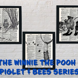 May include: Three black and white illustrations of Winnie the Pooh and Piglet from the Winnie the Pooh and Piglet & Bees series. The first image shows Winnie the Pooh and Piglet walking through a forest. The second image shows Winnie the Pooh and Piglet holding a balloon. The third image shows Winnie the Pooh and Piglet walking away from a beehive.