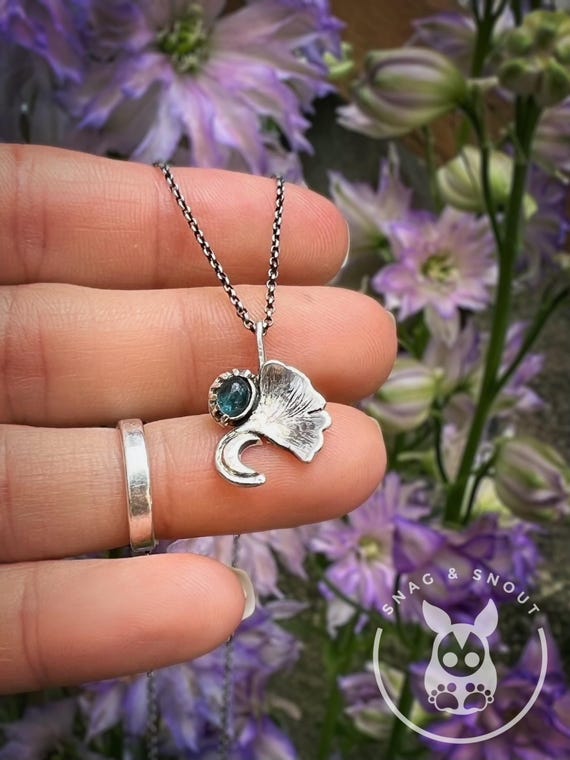 Tourmaline Ginkgo Leaf Silver Pendant: Crescent Moon Nature Necklace