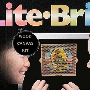 May include: A Lite-Brite box with the product name in colorful letters. The box features a wood canvas kit with a colorful design. The image shows two children looking at the Lite-Brite. The text on the box says "Ages: 4 to Adult."