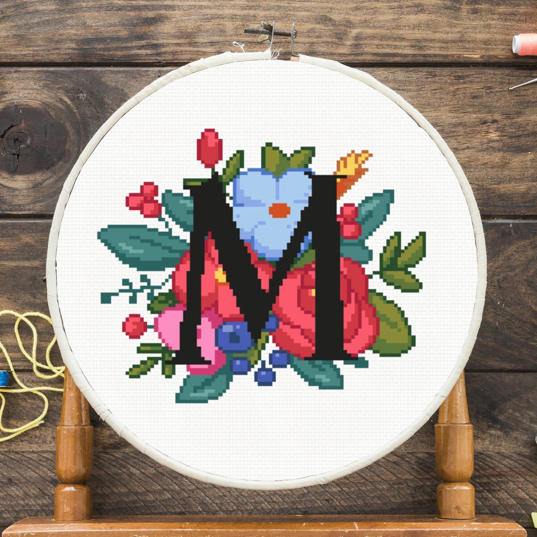 Floral M Cross Stitch Pattern Alphabet Needlepoint Etsy