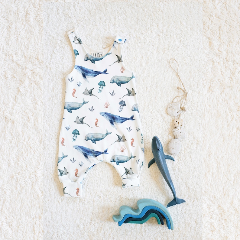 PRE-ORDER Organic Jersey Harem Romper /'Grow with Me/' in a Sea Life print With Bottom Poppers