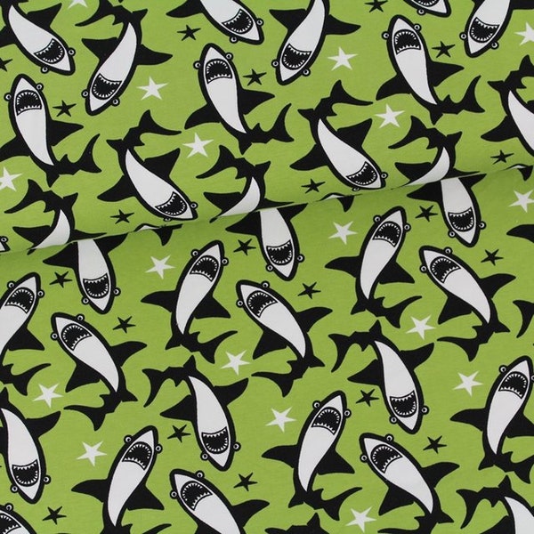 Organic Cotton Jersey Green with Sharks by Stoffonkel per half metre.