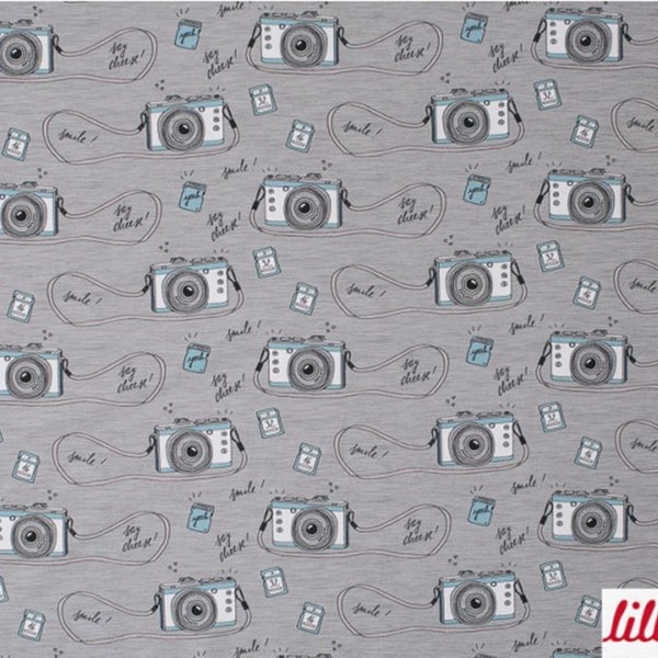 Organic Cotton Jersey Sweat Smile Cameras,  per half metre.