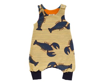 Blue Lobsters on Vainilla ILO Organic Baby and Kid Romper, Organic cotton jersey dungarees, grow with me overalls.