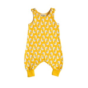 Organic Jersey Harem Romper 'Grow with Me' in a yellow seagulls print With Bottom Poppers UK maker image 1