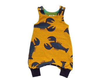 Blue Lobsters on Gold ILO Organic Baby and Kid Romper, Organic cotton jersey dungarees, grow with me overalls.