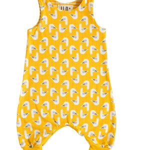 Organic Jersey Harem Romper 'Grow with Me' in a yellow seagulls print With Bottom Poppers UK maker image 2