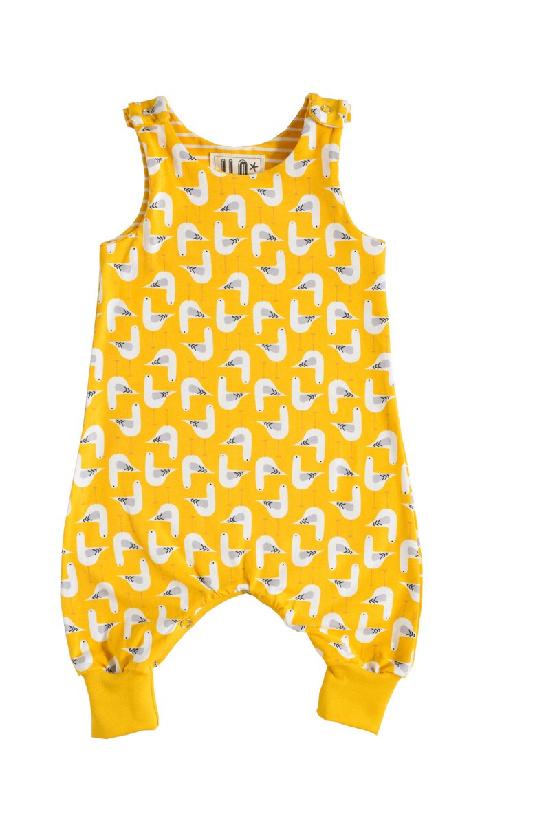 Organic Jersey Harem Romper 'Grow with Me' in a yellow seagulls print With Bottom Poppers UK maker image 2