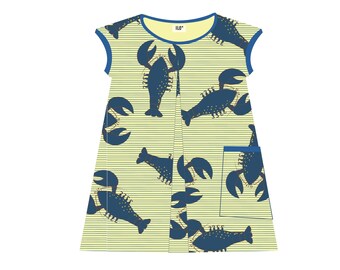 Blue Lobsters on Vainilla A-line Dress with 2 Pockets, Organic Cotton Jersey