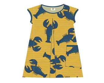 Blue Lobsters on Gold A-line Dress with 2 Pockets, Organic Cotton Jersey