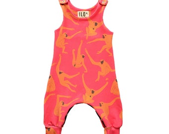 Gibbons ILO Organic Baby and Kid Romper with cheeky monkeys, GOTs certified jersey dungarees, overalls. Sizes 0-6m and 6-12m only.