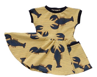 Blue Lobsters on Vainilla Skater Dress with 2 Pockets, Organic Cotton Jersey