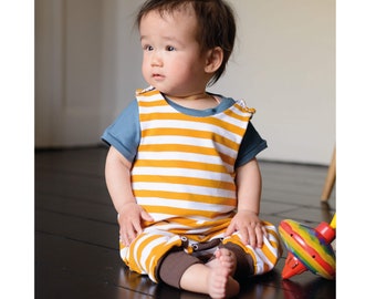 Mustard Stripes ILO Organic Baby and Kid Romper, Organic cotton French Terry dungarees, grow with me overalls.