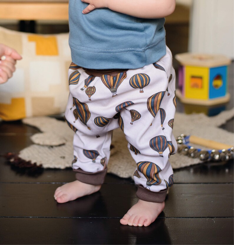 Harem Style Baby, Toddler & Child Trousers Organic Cotton jersey in a Sand Balloons print 'Grow with Me' image 1