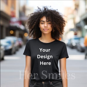 Schwarzes Model Mockup, Bella Canvas Mockup, Bella Canvas 3001 Schwarz, Schwarzes T-Shirt Model Mockup, Schwarze Frau Mockup, Boho Model Mockup