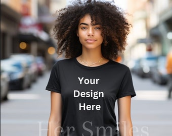 Black Model Mockup, Bella Canvas Mockup, Bella Canvas 3001 Black, Black T-Shirt Model Mockup, Black Woman Mockup, Boho Model Mockup
