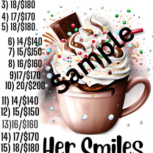 Puede incluir: Ilustración digital de una taza marrón llena de chocolate caliente, cubierta con crema batida, virutas de chocolate y chispas de colores. Incluye el texto "Her Smiles" y "Sample".