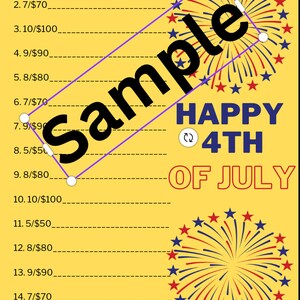 Puede incluir: Un fondo amarillo con una lista de precios para fuegos artificiales. Los precios van desde 50 € hasta 100 €. La imagen también presenta un gráfico de fuegos artificiales rojo, blanco y azul con el texto "HAPPY 4TH OF JULY".