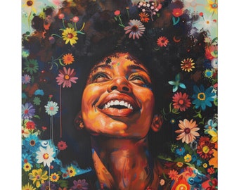 Mujer afro, Arte negro, Mujer afro pop art, Decoración de pared de flores de arte negro, Decoración del hogar moderna, Art Déco, Arte afroamericano, Lienzo mate