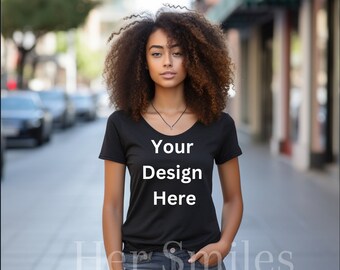 Black Model Mockup, Bella Canvas Mockup, Bella Canvas 3001 Black, Black T-Shirt Model Mockup, Black Woman Mockup, Boho Model Mockup