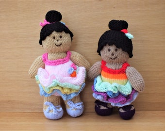 Ballerina dolls in rainbow dresses, hand knitted soft toys, girls soft knitted gift