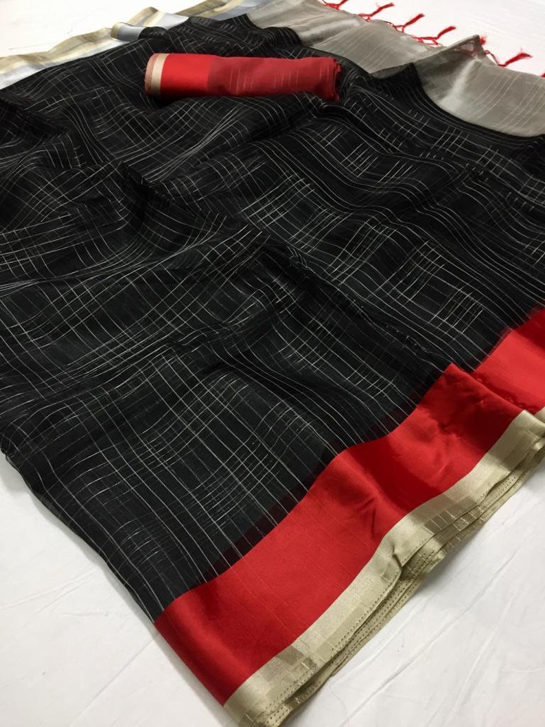 ORGANZA Saree Black Saree Satin Border Saree With Blouse Piece Indian Clothing Ethnic Sari Antique Sarong Fabric Craft Wedding Wear Women