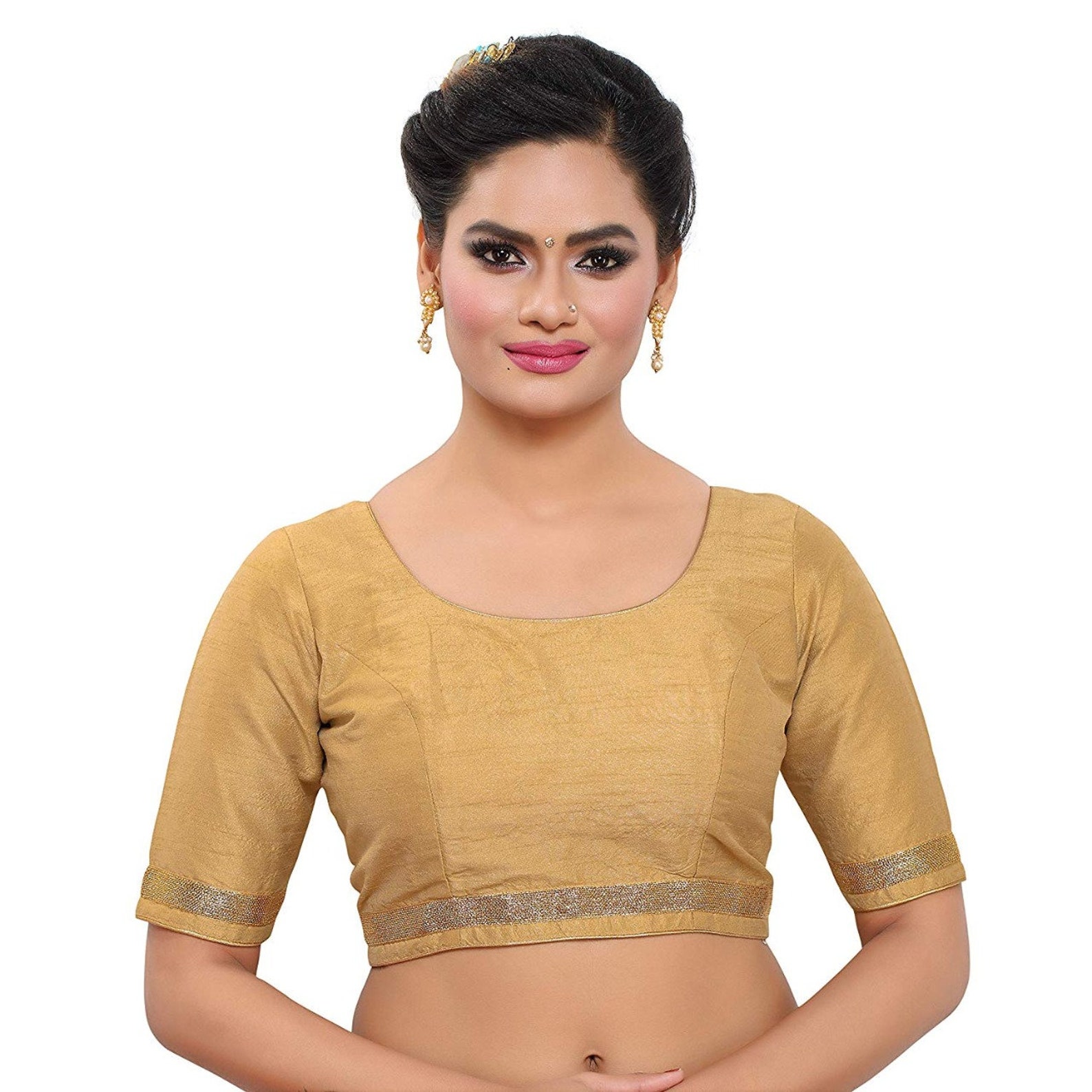 Golden New Readymade Saree Blouse Sari Christmas Solid Poly Silk Women ...