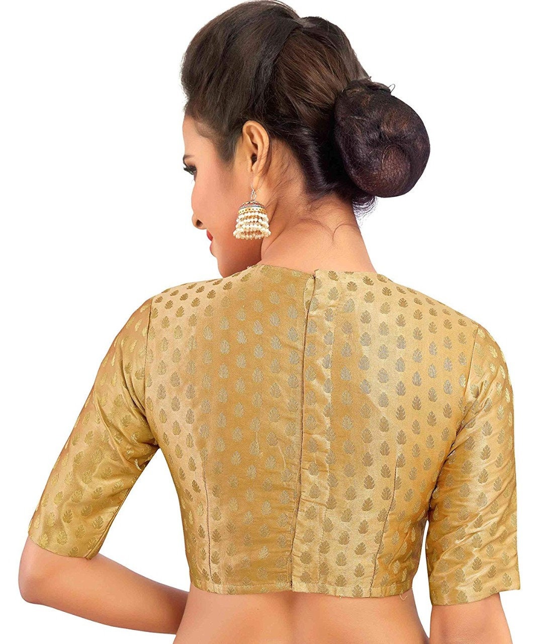 Jewel Neck Readymade Stitched Brocade Saree Blouse Poly Silk Fabric Indian  Sari Choli Tunic Wedding Top Women (Light Golden, Small-32) at   Women's Clothing store