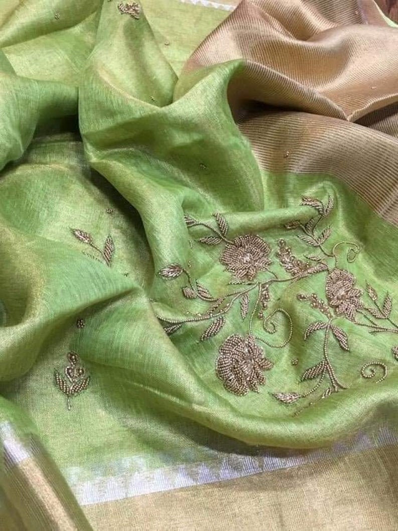 Pure Handloom Tissue Linen Saree Organic Linen Embroidered Etsy