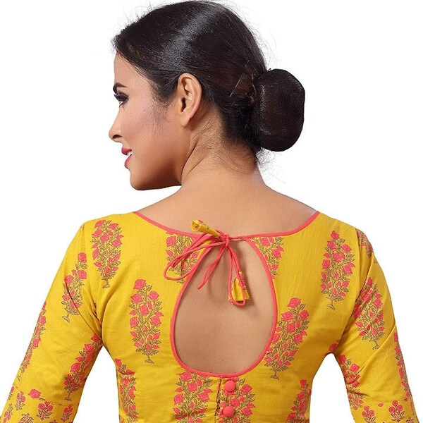 Jaune Jaipuri Imprimé Blouse en coton Chemisier à col rond Prêt Made Saree Blouse Tunique Crop Top Colli Sari Party Wear 4 Girl Women Girlish top