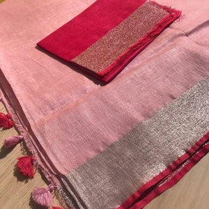 Organic Pure LINEN Saree Running Blouse Indian Clothing Linen Handloom Sarees Party Wear Wedding Bridal Sari Gifts for Her Women Clothing